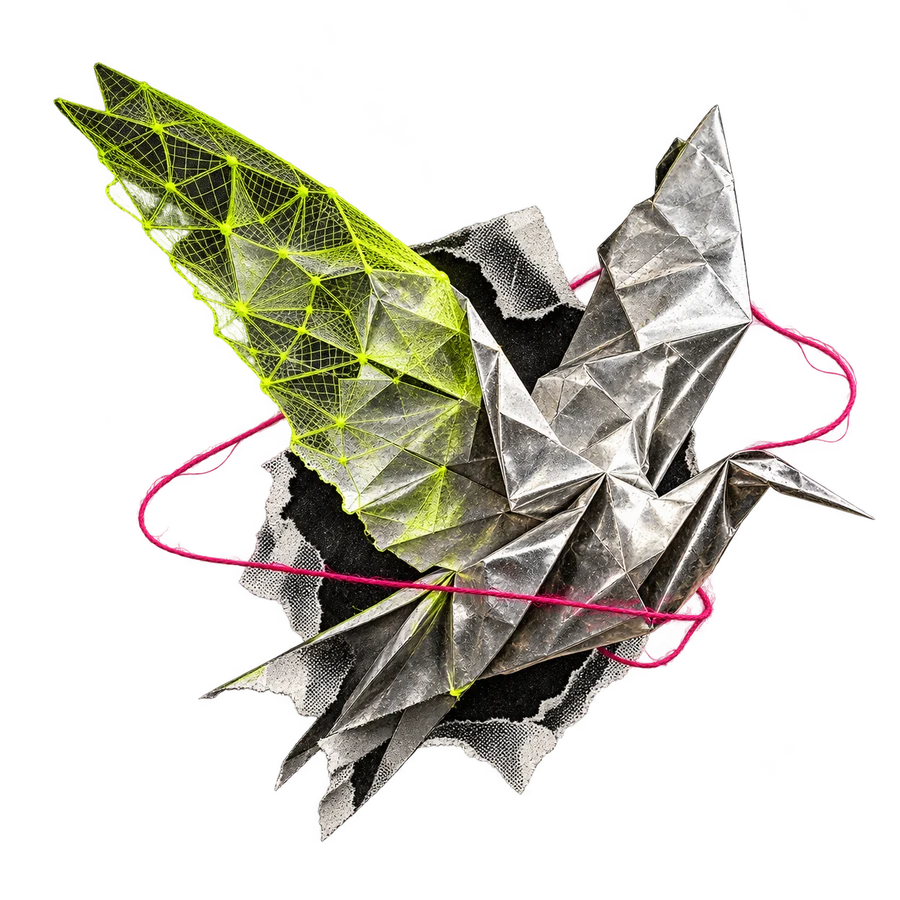 A silver paper bird unfolding into a lime wireframe mesh