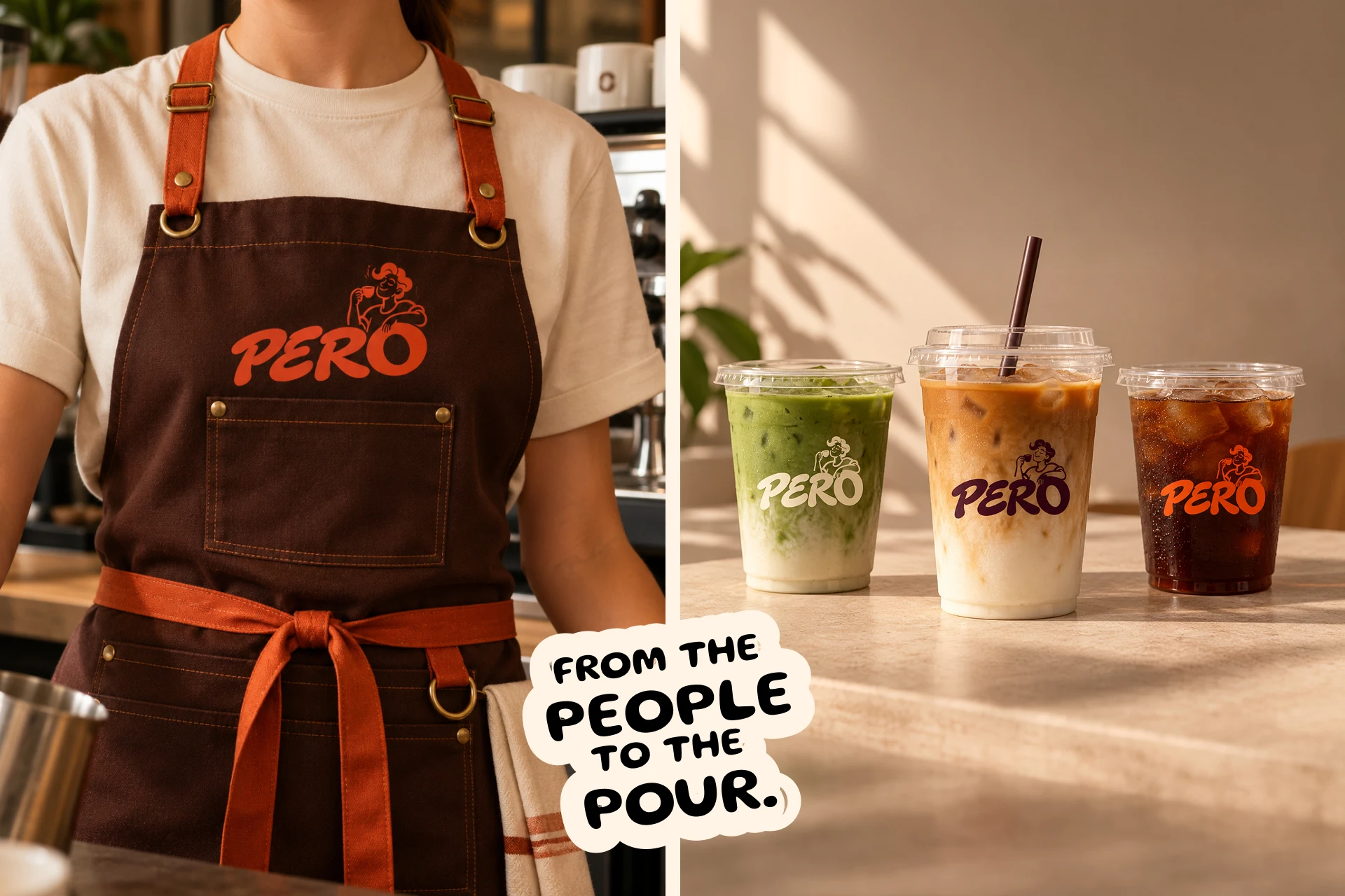 Pero embroidered café apron alongside three branded takeaway drinks
