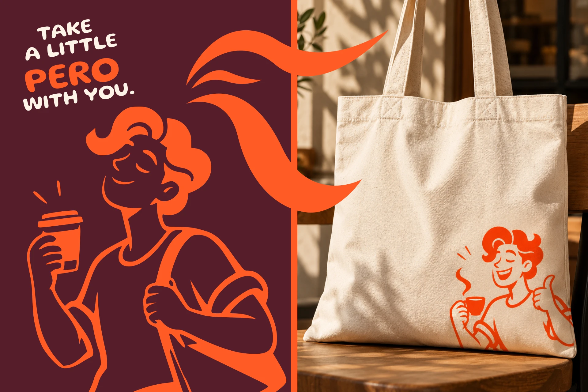 Pero illustrated character and a branded canvas tote bag