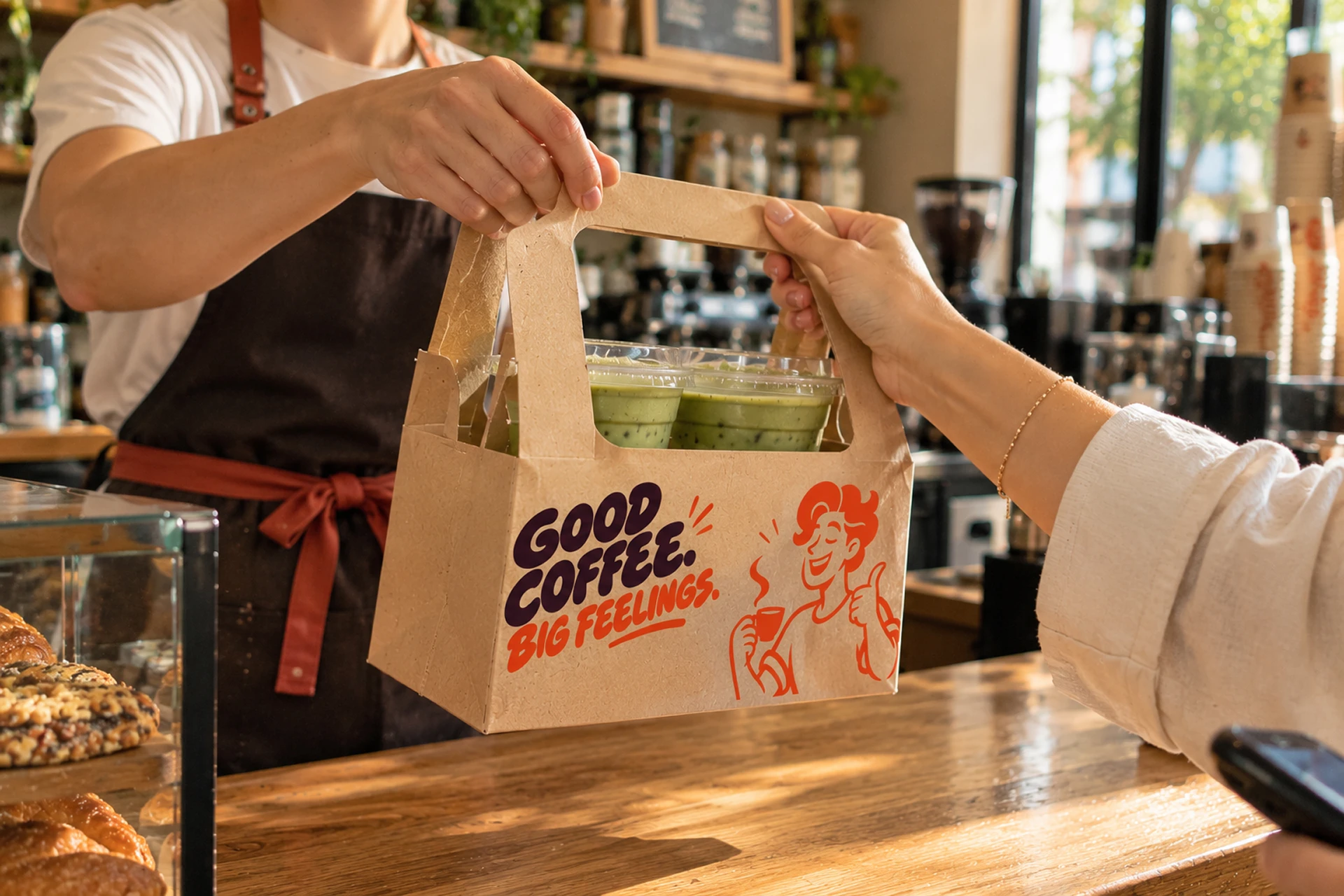 A café takeaway handoff in an illustrated Pero carrier bag