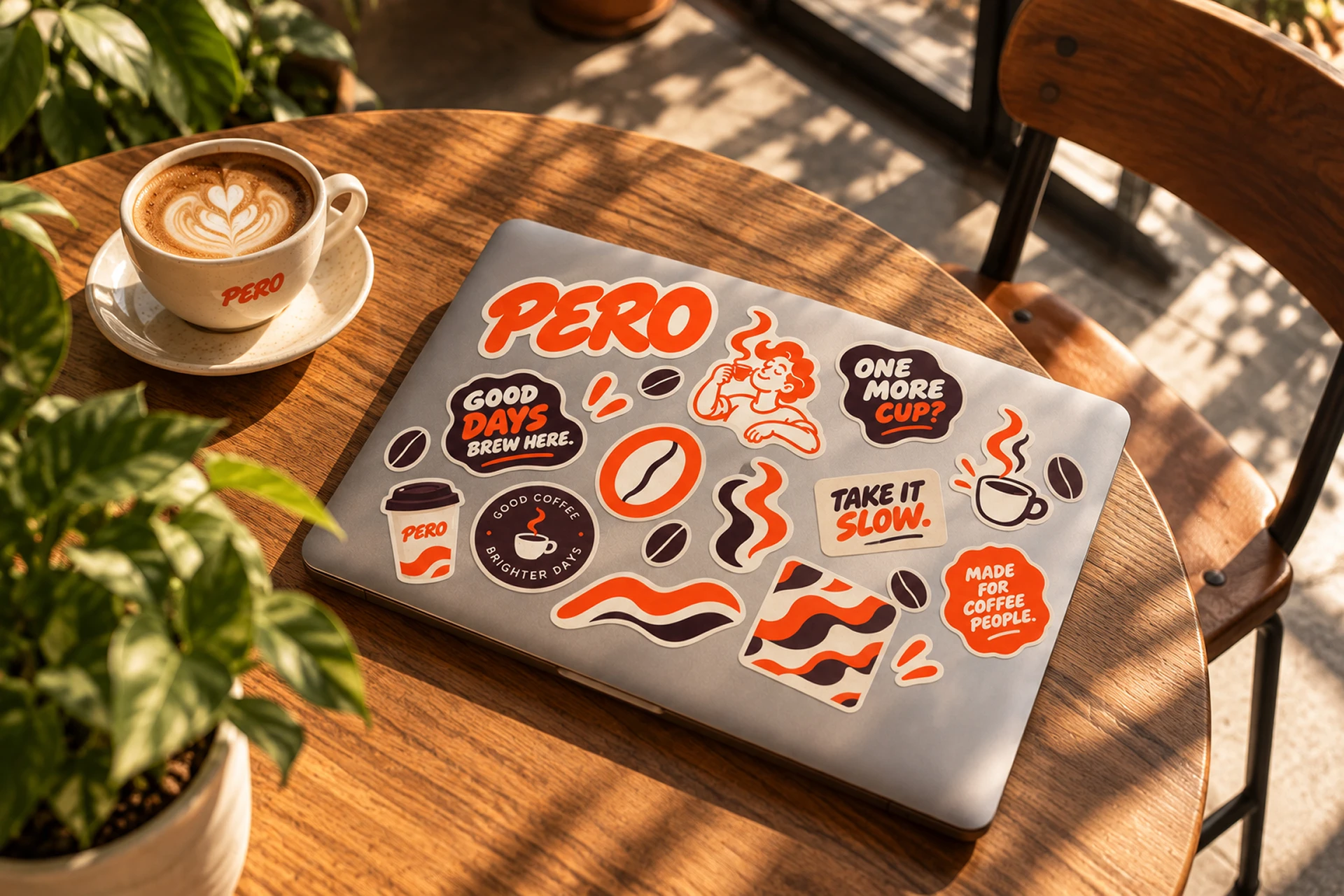 Pero logo, mascot and coffee-themed stickers on a laptop