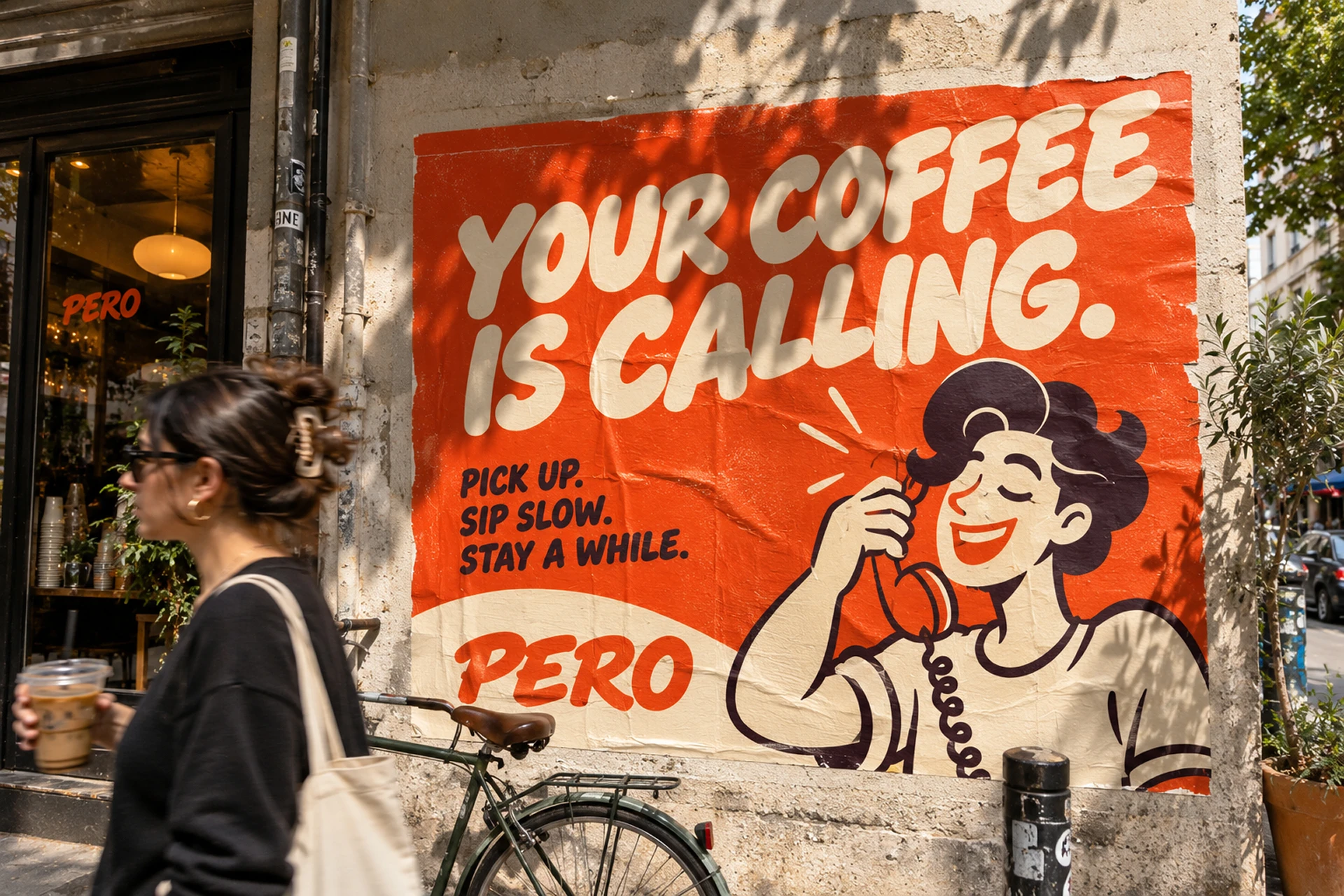 Pero orange street mural with a coffee-loving illustrated character