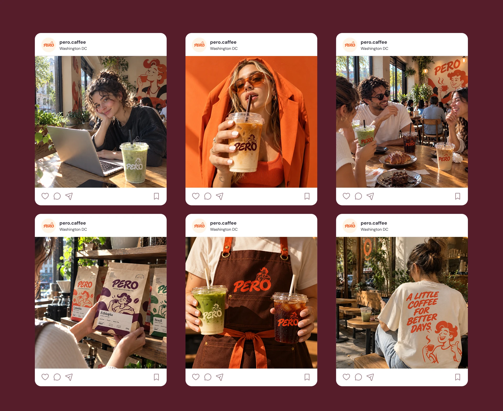 Pero social media layouts featuring café scenes, drinks and packaging