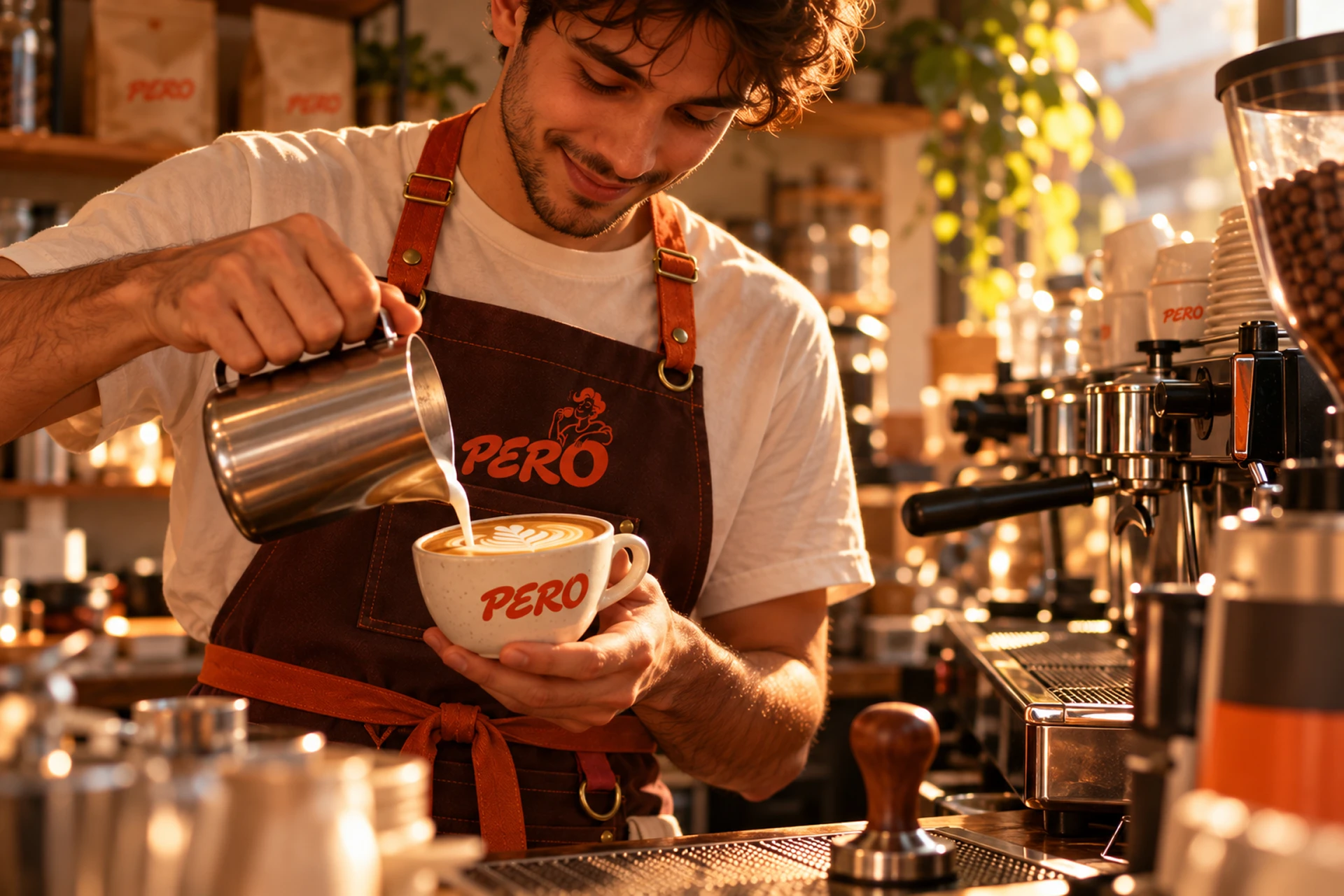 A Pero barista pouring latte art into a branded ceramic cup