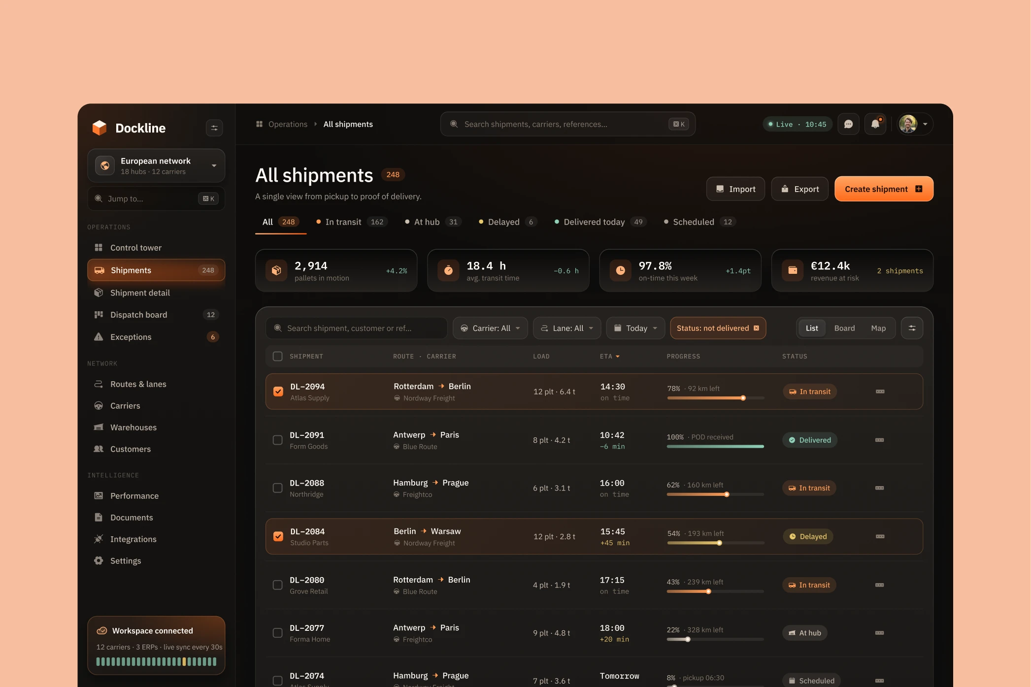 Dockline shipment list with carrier, route, progress and delivery status