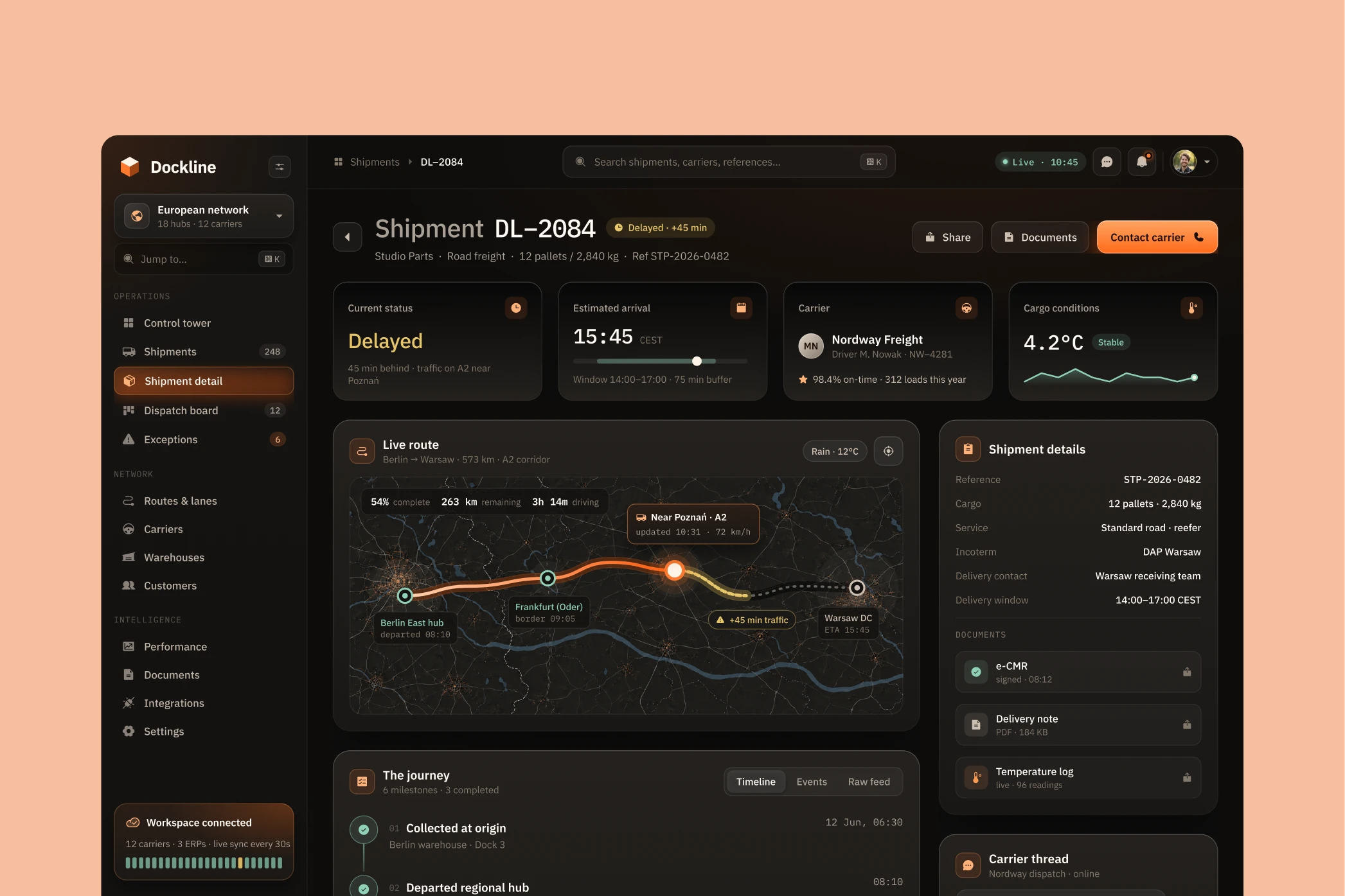 Dockline shipment detail with live route, arrival estimate and cargo conditions