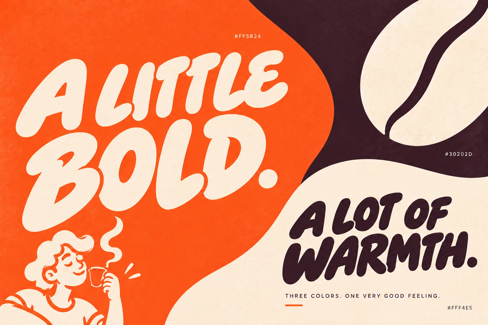 Pero orange, cream and dark coffee palette with expressive lettering and a mascot